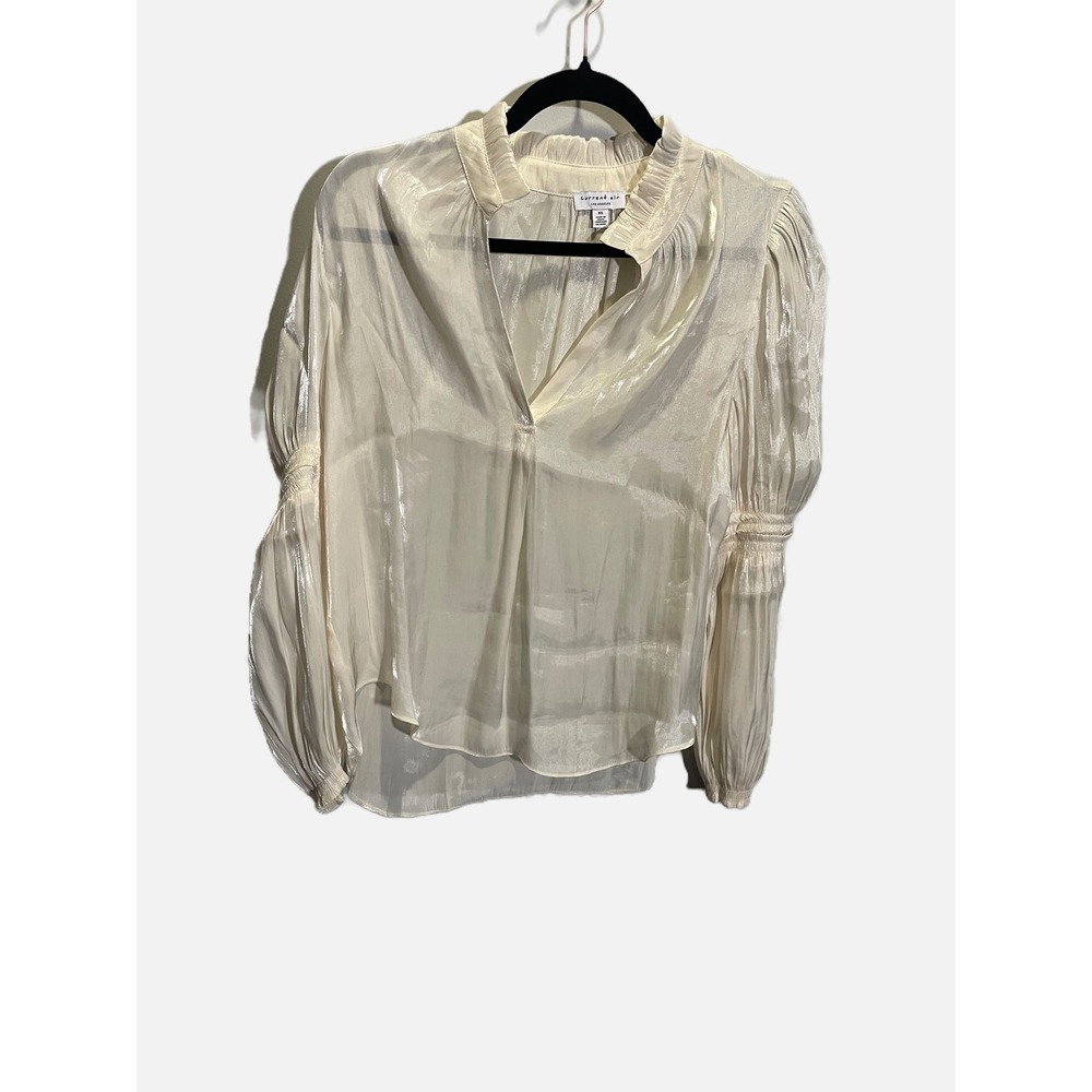 Current Air Blouse Womens XS Cream Satin Ruffle Neck‎ Puff Sleeve Elegant Chic